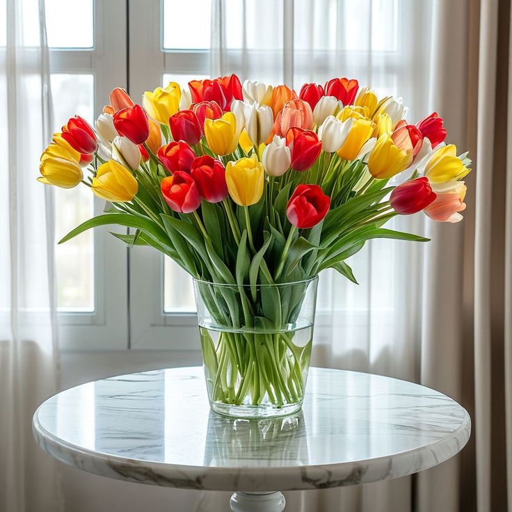 Colorful spring garden mix with tulips and daisies